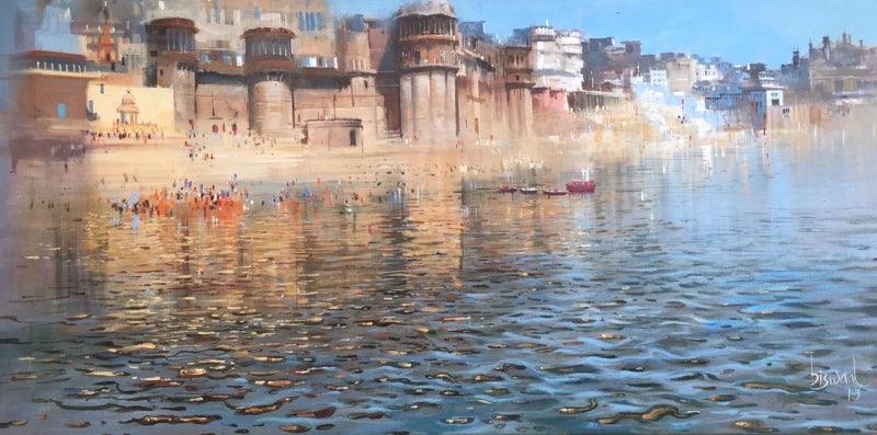 Cityscape acrylic painting titled 'Varanasi 1', 20x36 inches, by artist Bijay Biswaal on Canvas