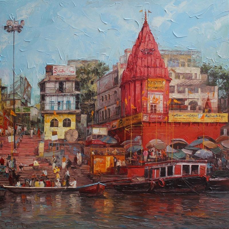 Cityscape acrylic painting titled 'Varanasi 1', 36x36 inches, by artist Iruvan Karunakaran on Canvas