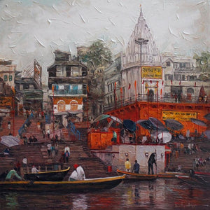 Cityscape acrylic painting titled 'Varanasi 2', 36x36 inches, by artist Iruvan Karunakaran on Canvas