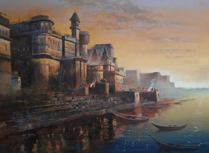 Religious acrylic painting titled 'Varanasi 2', 36x48 inches, by artist Atul Gendle on Canvas
