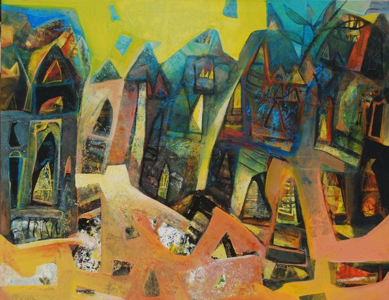 Abstract acrylic painting titled 'Varanasi 2', 42x54 inches, by artist Tapas Ghosal on canvas