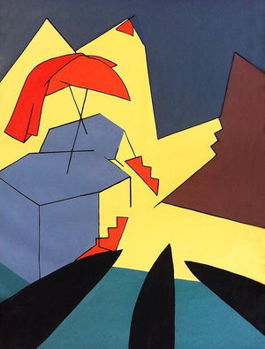 Varanasi 2 (Umbrellas in the Sun) by Prasanta Acharjee, Original Acrylic Abstract Painting on Canvas, Large Vertical Wall Art