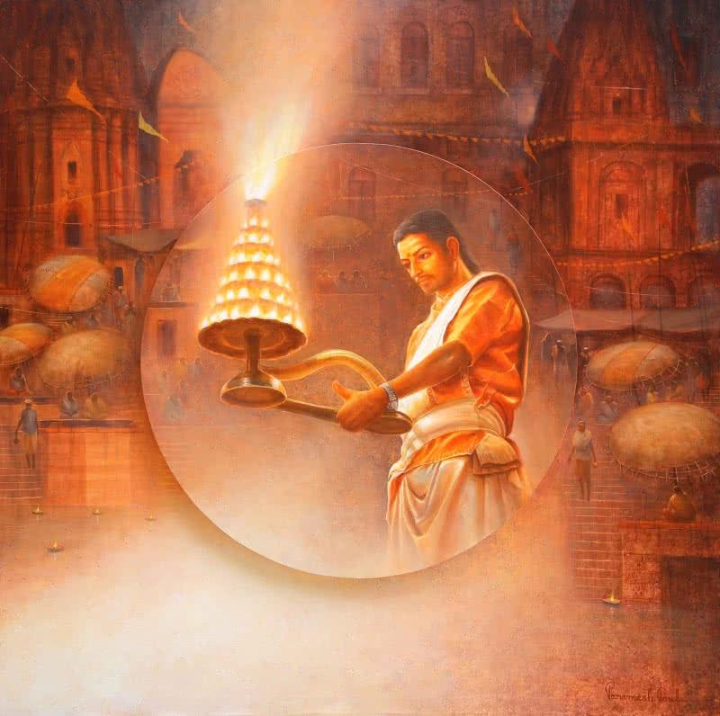 Cityscape acrylic painting titled 'Varanasi 3', 60x60 inches, by artist Paramesh Paul on Canvas