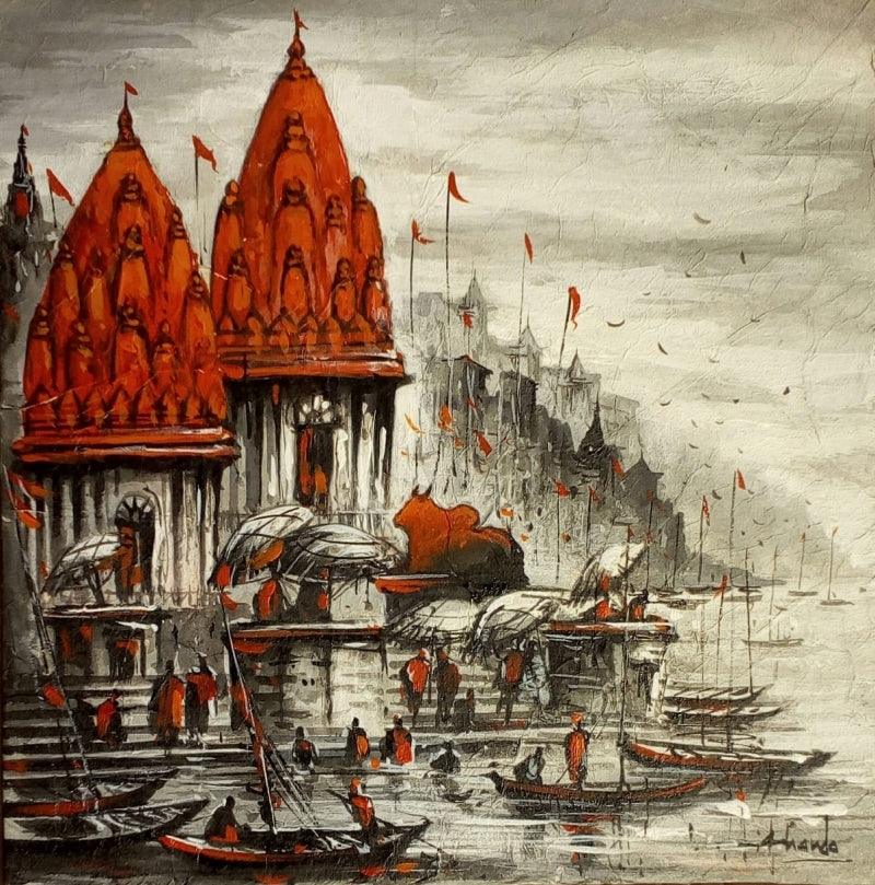 Cityscape acrylic painting titled 'Varanasi 3', 12x12 inches, by artist Ananda Das on Canvas