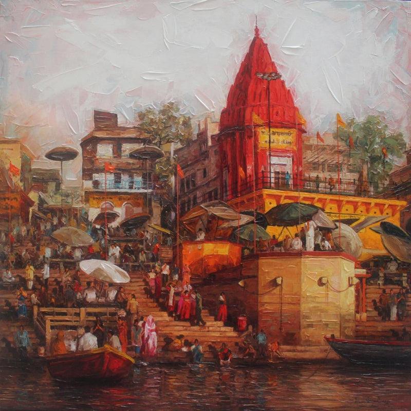 Religious acrylic painting titled 'Varanasi 3', 36x36 inches, by artist Iruvan Karunakaran on Canvas