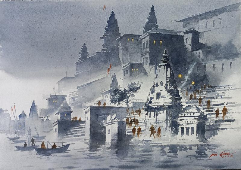 Religious watercolor painting titled 'Varanasi 3', 14x21 inches, by artist Atul Gendle on Paper