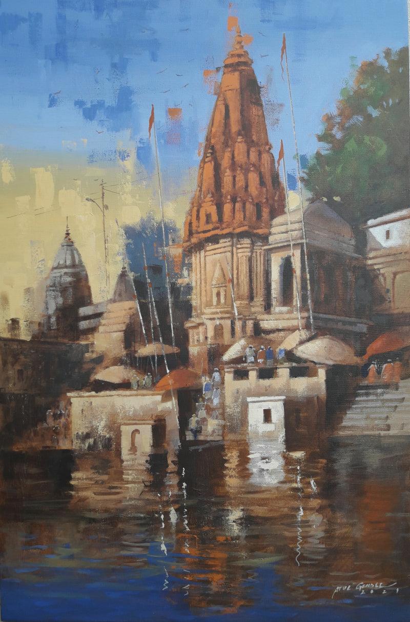 Religious acrylic painting titled 'Varanasi 4', 36x24 inches, by artist Atul Gendle on Canvas
