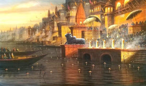 Religious acrylic painting titled 'Varanasi 8', 36x60 inches, by artist Paramesh Paul on Canvas