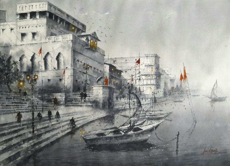 Cityscape watercolor painting titled 'Varanasi', 22x30 inches, by artist Atul Gendle on Paper