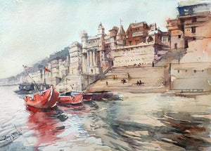 Religious watercolor painting titled 'Varanasi', 11x15 inches, by artist Sagar Palwe on Paper