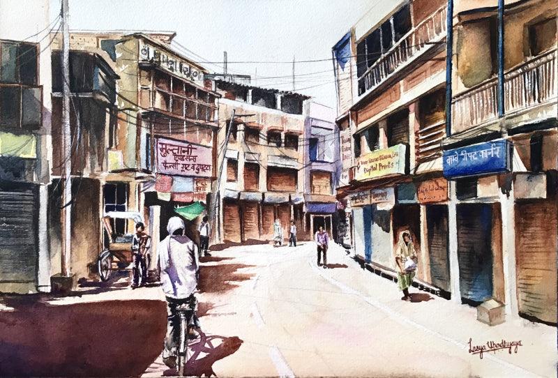 Cityscape watercolor painting titled 'Varanasi', 11x15 inches, by artist Lasya Upadhyaya on Paper