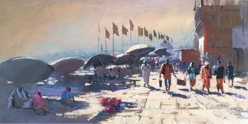 Religious acrylic painting titled 'Varanasi Ghat', 19x38 inches, by artist Bijay Biswaal on Canvas