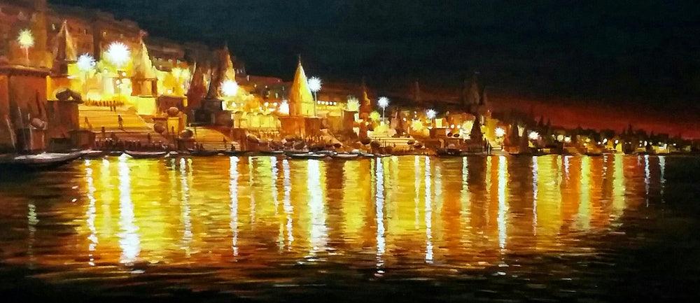 Cityscape acrylic painting titled 'Varanasi Ghat at Night', 18x40 inches, by artist Samiran Sarkar on Canvas