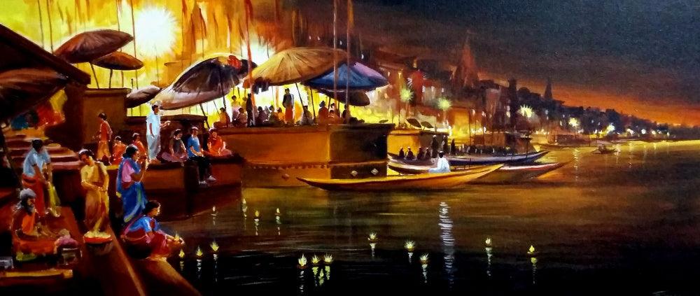 Cityscape acrylic painting titled 'Varanasi Ghat at Night', 30x36 inches, by artist Samiran Sarkar on Canvas