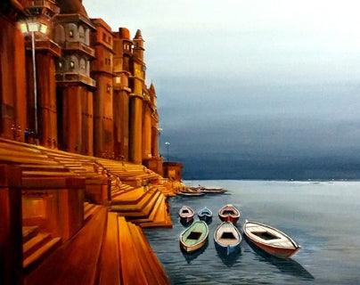Cityscape acrylic painting titled 'Varanasi Ghat at Night', 30x36 inches, by artist Samiran Sarkar on Canvas