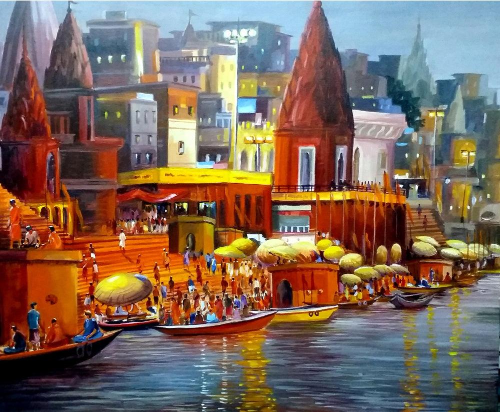 Cityscape acrylic painting titled 'Varanasi Ghat at Night', 30x36 inches, by artist Samiran Sarkar on Canvas