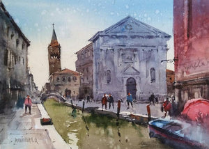Venice (A Glimpse of Venice) by Ravindra Mahale, Original Watercolor Cityscape Painting on Paper, Small Horizontal Wall Art