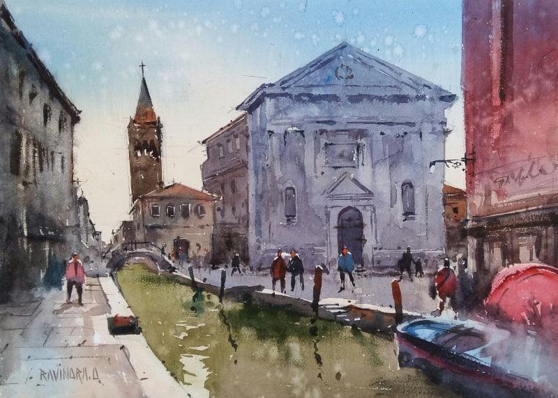 Cityscape watercolor painting titled 'Venice', 12x16 inches, by artist Ravindra Mahale on Paper