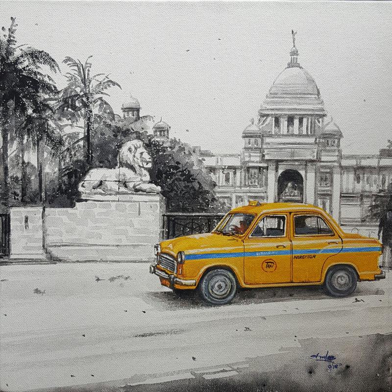 Cityscape acrylic painting titled 'Victoria Memorial Of Kolkata', 16x20 inches, by artist Amlan Dutta on Canvas
