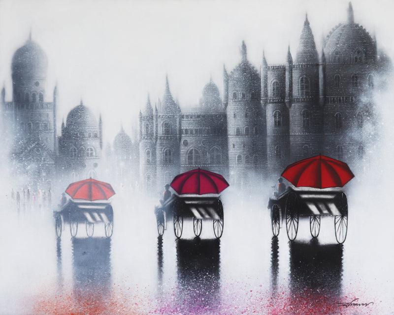 Cityscape acrylic charcoal painting titled 'Victoria Ride', 24x30 inches, by artist Somnath Bothe on Canvas