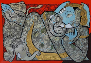 Religious acrylic painting titled 'Vighnarajendra', 24x36 inches, by artist Ramesh Gorjala on Canvas