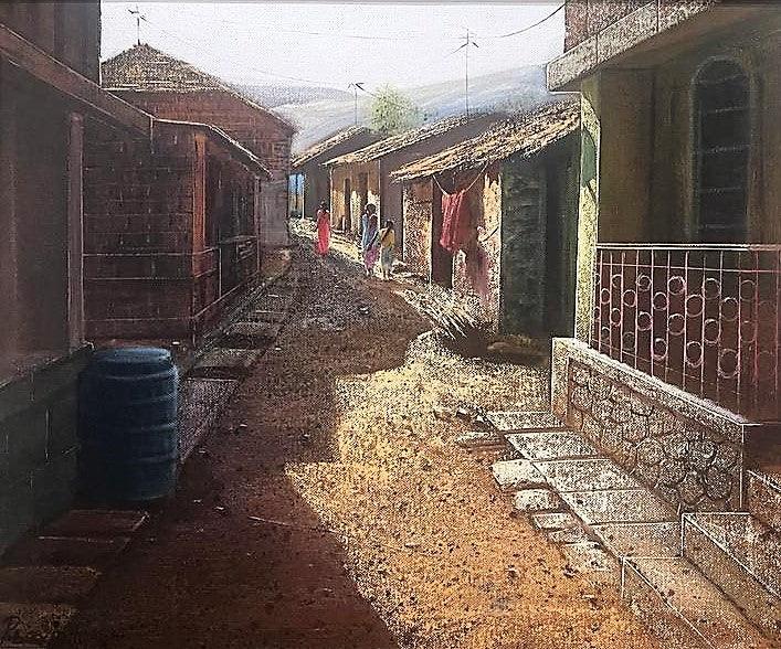 Landscape oil painting titled 'Village 1', 15x18 inches, by artist Pravin Pasare on Canvas