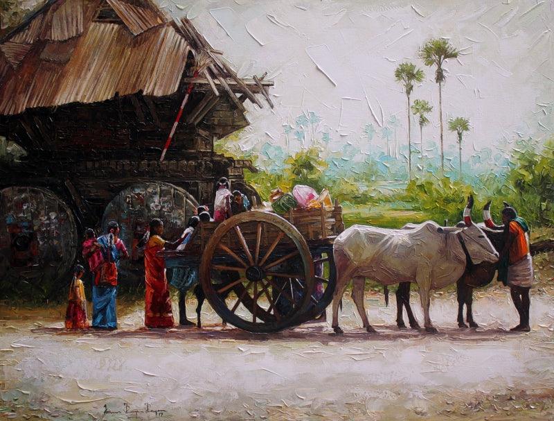 Figurative acrylic painting titled 'Village 1', 30x40 inches, by artist Iruvan Karunakaran on Canvas