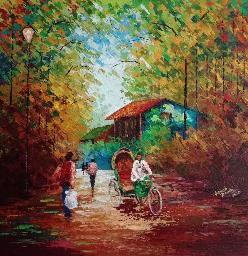 Landscape acrylic painting titled 'Village 1', 30x30 inches, by artist Ganesh Panda on Canvas