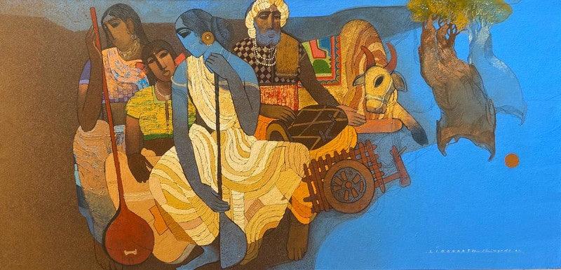 Figurative acrylic painting titled 'Village 12', 24x48 inches, by artist Siddharth Shingade on Canvas