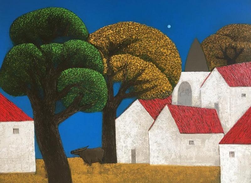 Cityscape acrylic painting titled 'Village 15', 36x48 inches, by artist Nagesh Ghodke on Canvas