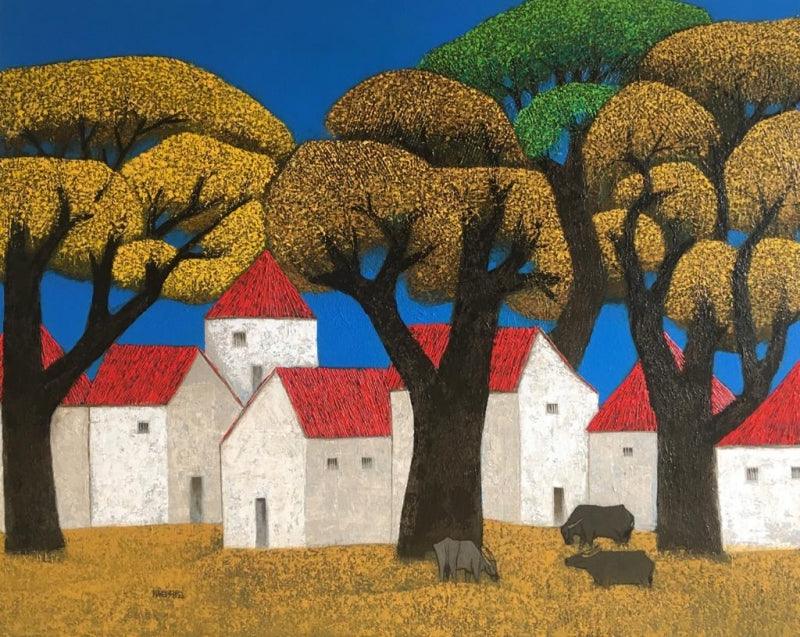 Cityscape acrylic painting titled 'Village 16', 48x60 inches, by artist Nagesh Ghodke on Canvas
