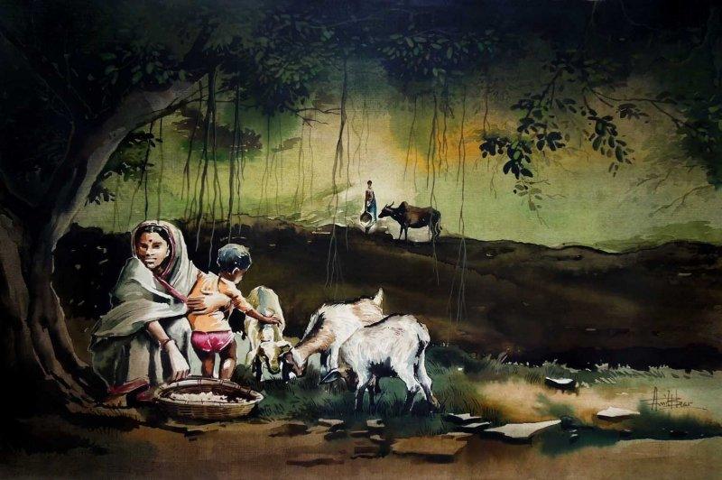 Animals watercolor painting titled 'Village 2', 14x22 inches, by artist Amit Bhar on paper