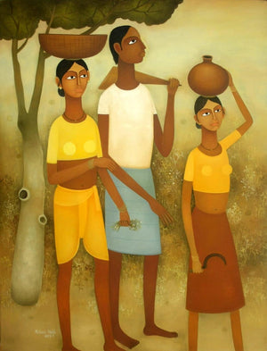 Figurative oil painting titled 'Village 2', 48x36 inches, by artist Mohan Naik on Canvas