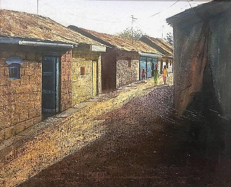 Landscape oil painting titled 'Village 2', 15x18 inches, by artist Pravin Pasare on Canvas