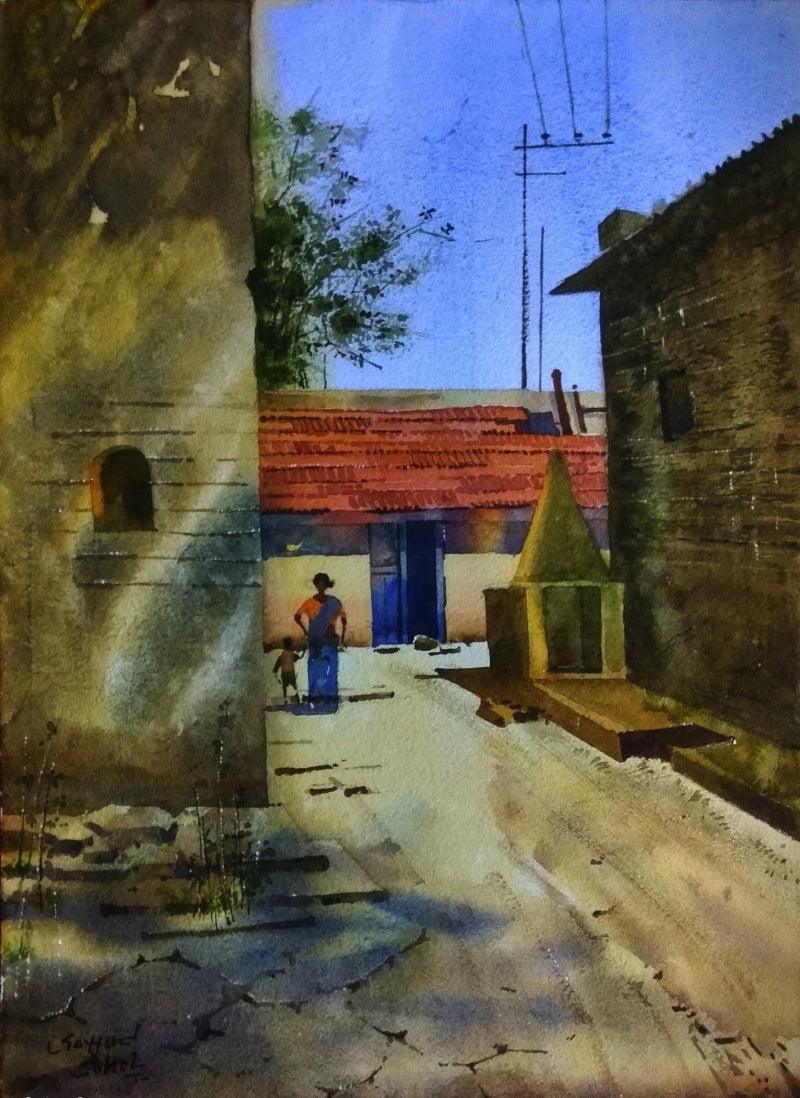 Nature watercolor painting titled 'Village 2', 16x12 inches, by artist Sohel Sayyad on Paper