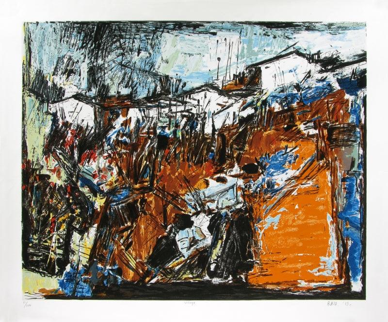 Cityscape serigraphs painting titled 'Village 2', 34x40 inches, by artist S. H. Raza on Paper