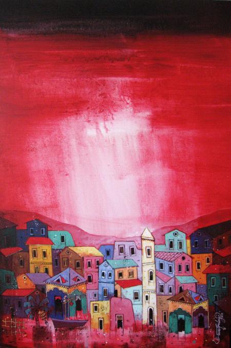 Cityscape acrylic painting titled 'Village 2', 24x36 inches, by artist Suresh Gulage on Canvas
