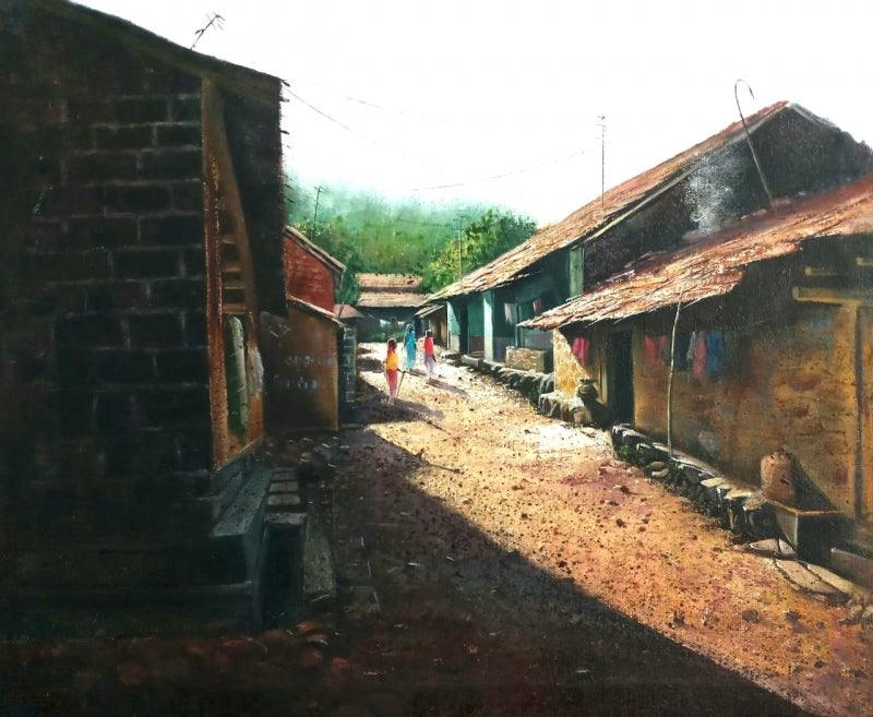 Landscape oil painting titled 'Village 2', 15x18 inches, by artist Pravin Pasare on Canvas