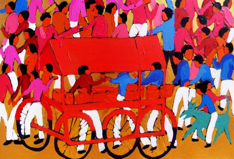 contemporary acrylic painting titled 'Village 3', 28x18 inches, by artist Kumar Ranjan on Canvas