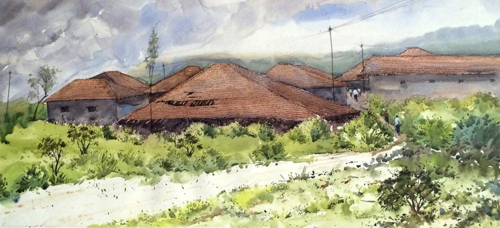 Landscape watercolor painting titled 'Village 3', 18x24 inches, by artist Ramdas Thorat on Paper