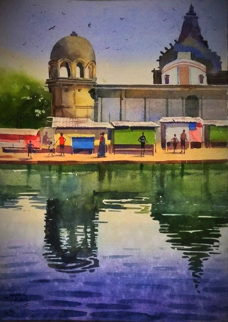 Nature watercolor painting titled 'Village 4', 16x12 inches, by artist Sohel Sayyad on Paper
