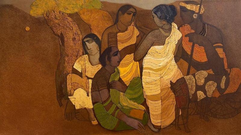 Figurative acrylic painting titled 'Village 6', 30x65 inches, by artist Siddharth Shingade on Canvas