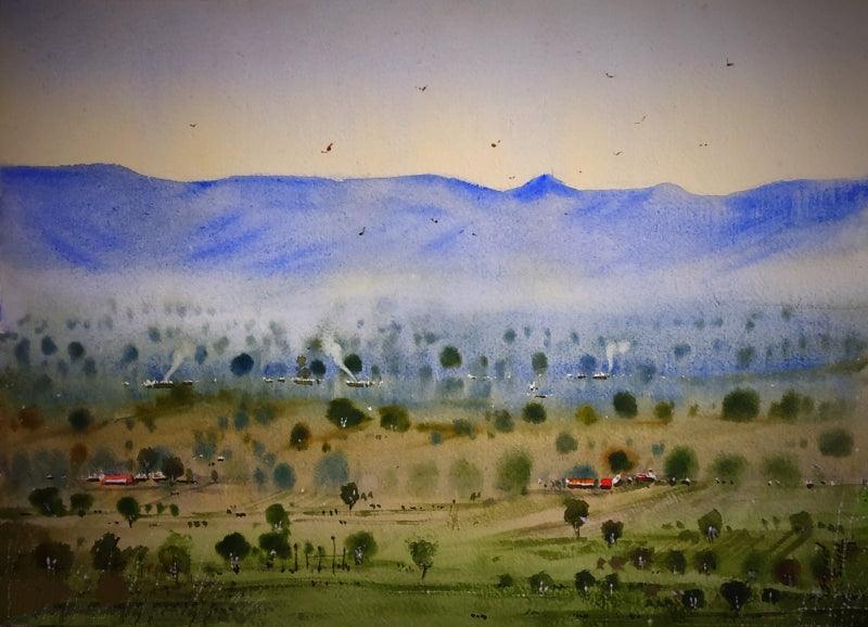 Nature watercolor painting titled 'Village 7', 12x16 inches, by artist Sohel Sayyad on Paper