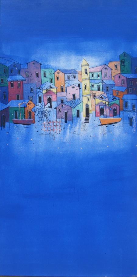Cityscape acrylic painting titled 'Village', 24x48 inches, by artist Suresh Gulage on Canvas
