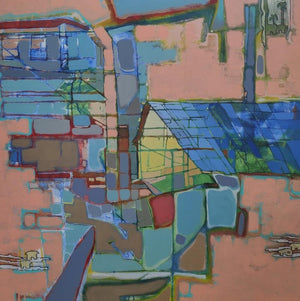 Abstract acrylic painting titled 'Village', 36x36 inches, by artist Sameer Dixit on Canvas