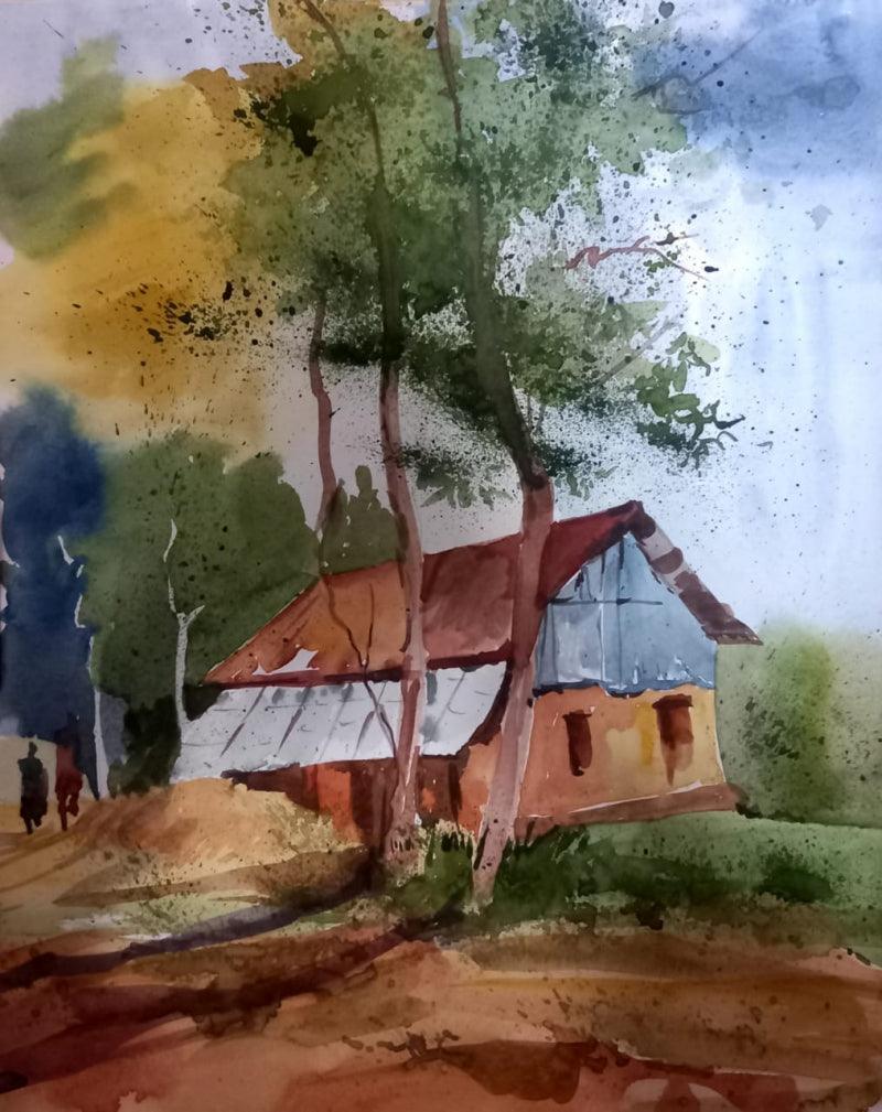 Landscape watercolor painting titled 'Village', 14x11 inches, by artist Ca Pratim Chatterjee on Paper