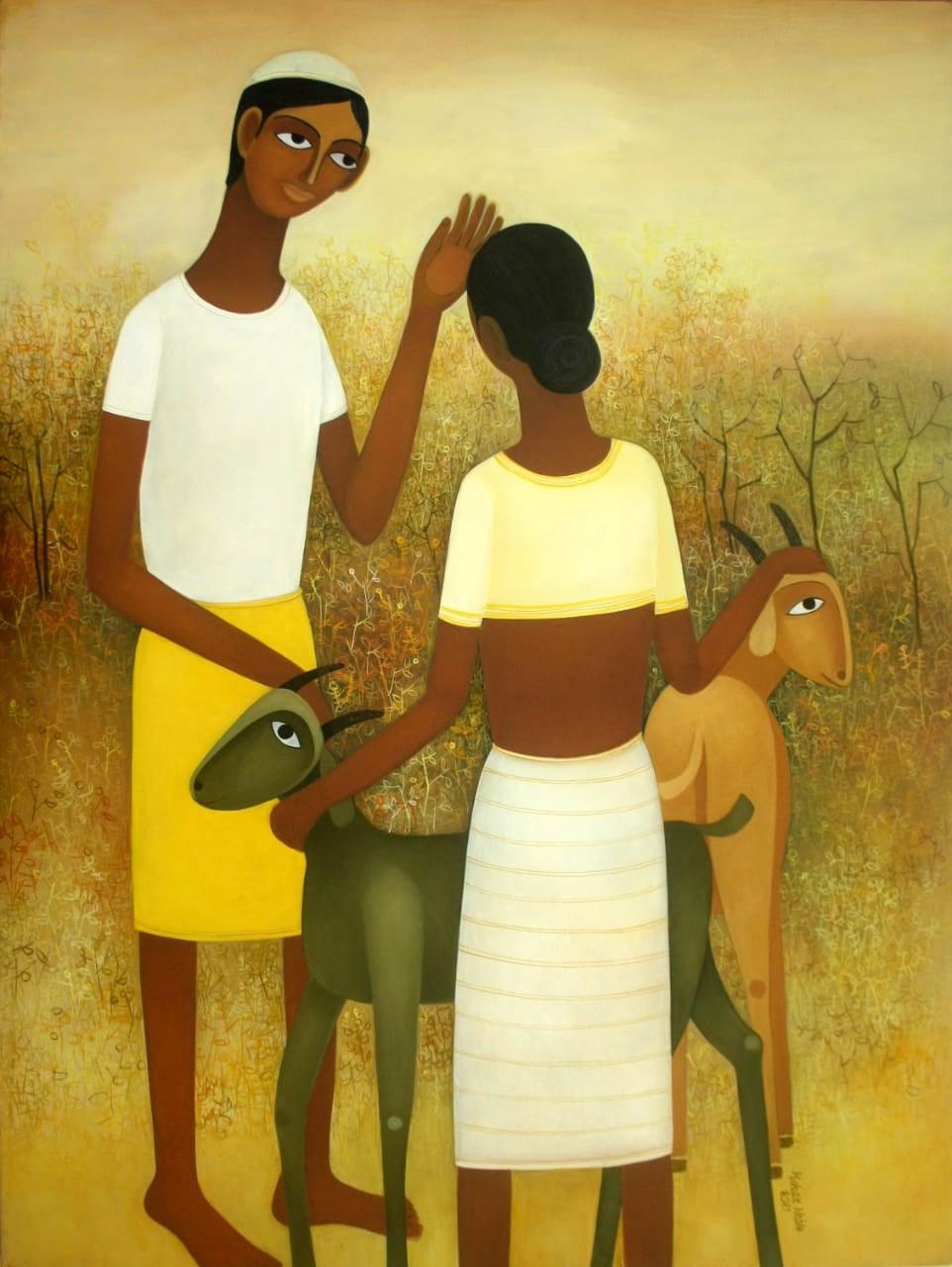 Figurative oil painting titled 'Village', 48x36 inches, by artist Mohan Naik on Canvas