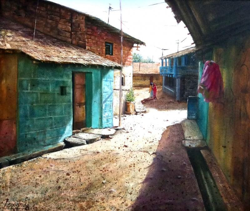 Landscape oil painting titled 'Village', 15x18 inches, by artist Pravin Pasare on Canvas