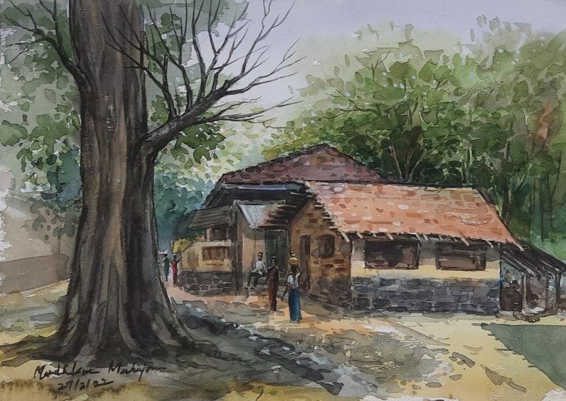 Landscape watercolor painting titled 'Village', 12x16 inches, by artist Madhukar Mahajan on Paper