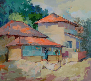 Village (Kerala Homestead) by Sikandar Mulla, Original Acrylic Landscape Painting on Canvas, Medium Horizontal Wall Art